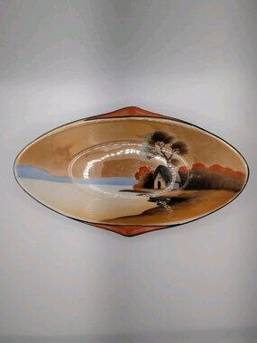 Vintage Noritake Japan Trinket Celery Dish Hand Painted Cabin Scene Lusterware